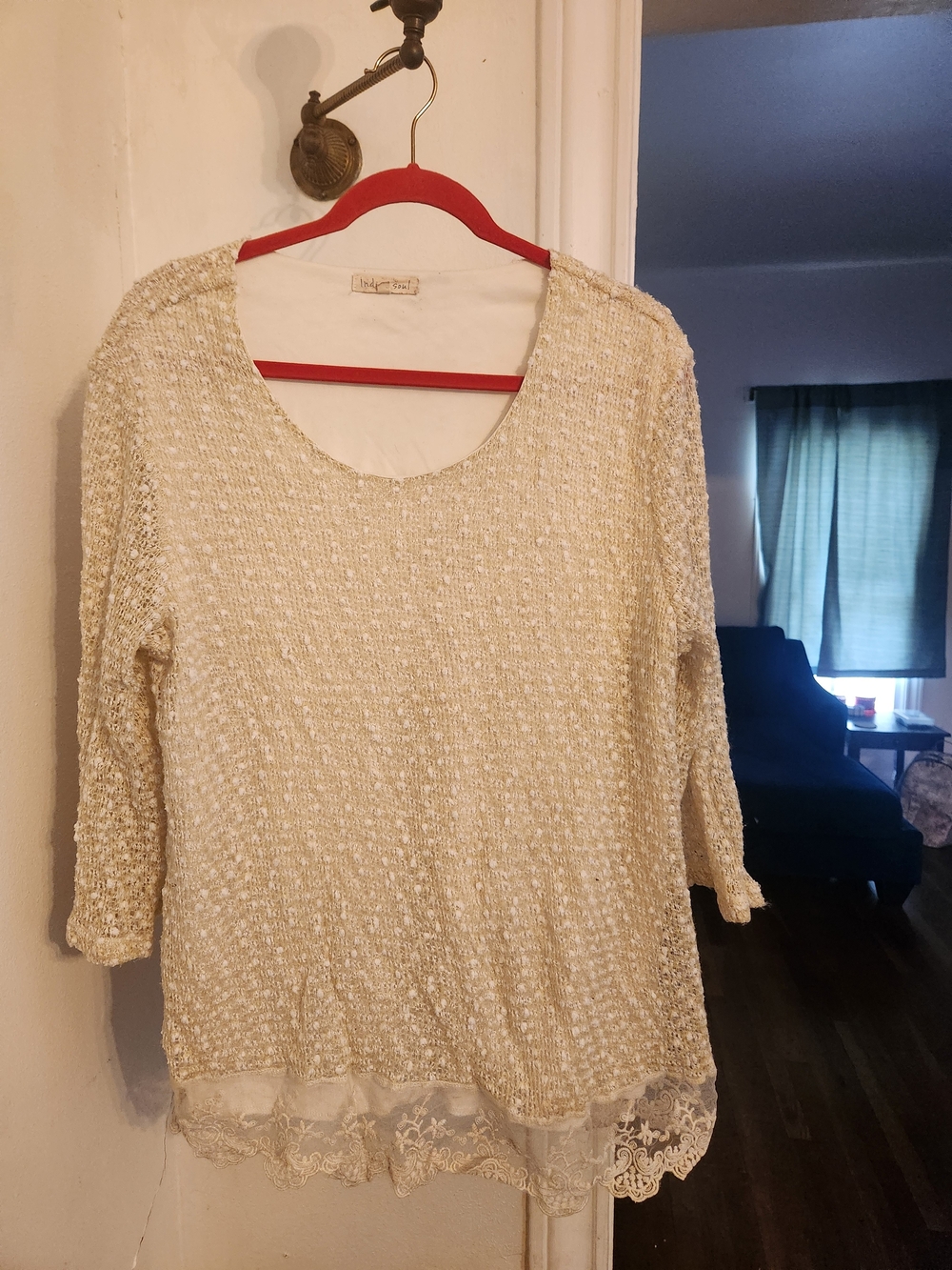 indigo soul Cream Textured Scoop Neck Sweater with Lace Hem